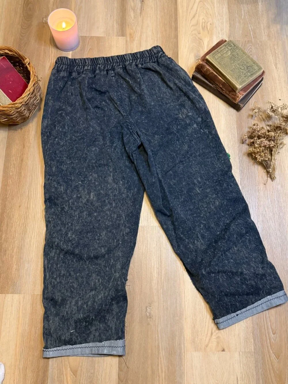 Upcycled Hand Painted Botanical Floral Patchwork Cropped Baggy Jeans